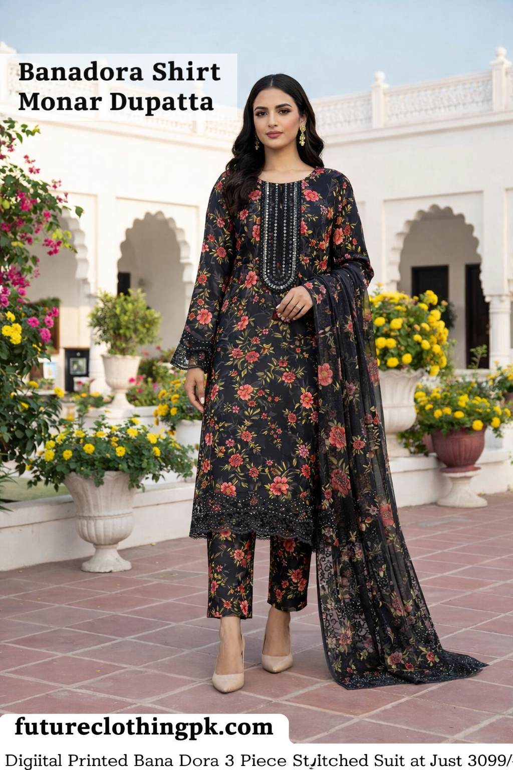 Bana Dora Digital Printed 3 Piece Stitched Suit – Black Floral